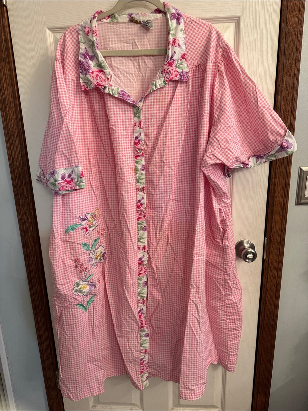 Pink Gingham Floral Trim Button-Front‎ Nightgown/Housecoat